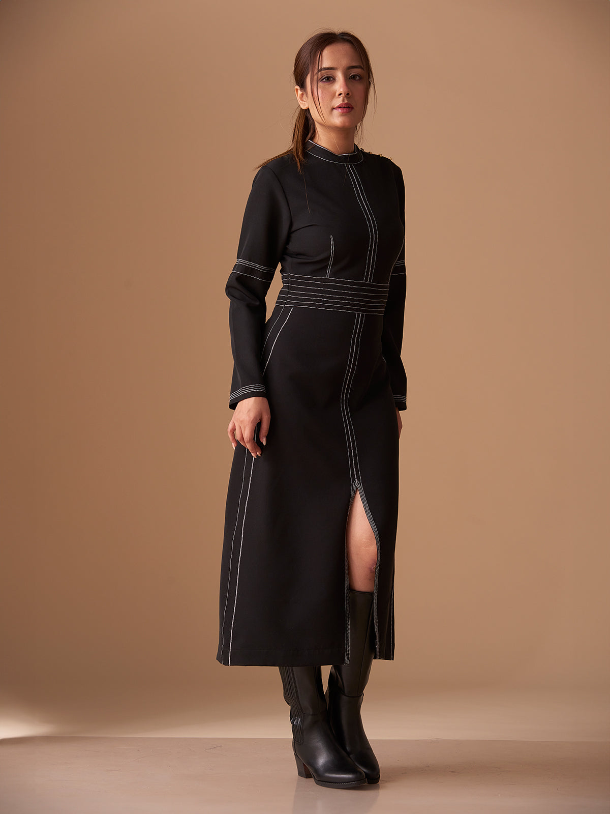 Long-Sleeve Topstitched Mock-Neck Dress