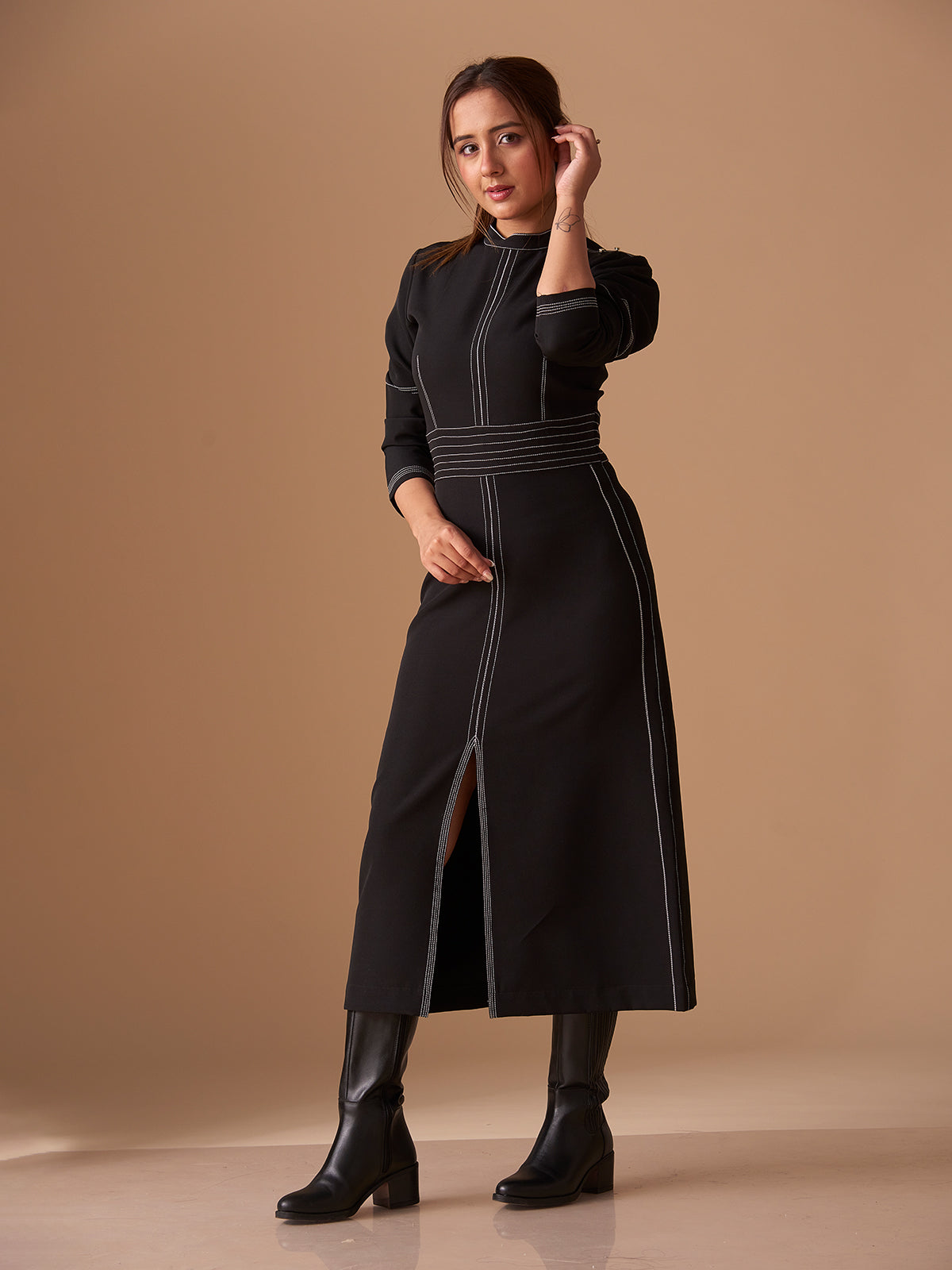 Long-Sleeve Topstitched Mock-Neck Dress