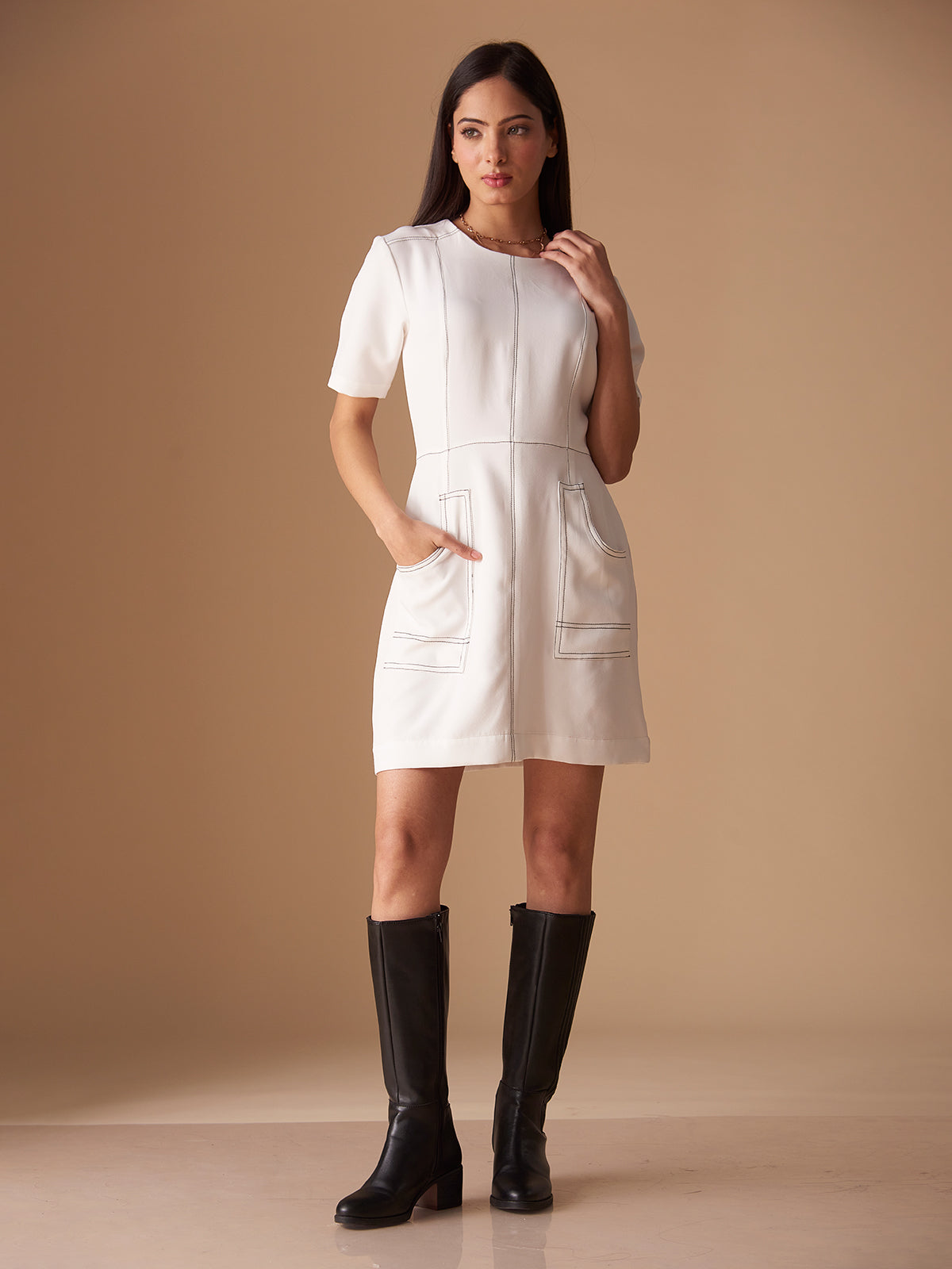 Top Stitch Mini Dress White